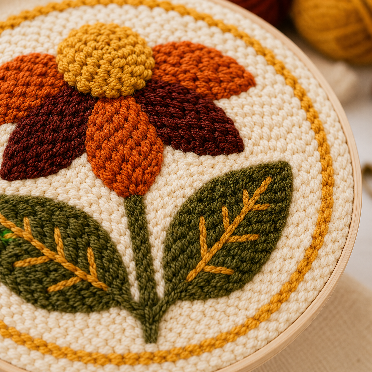Detalje af Punch Needle Efterårsblomst design