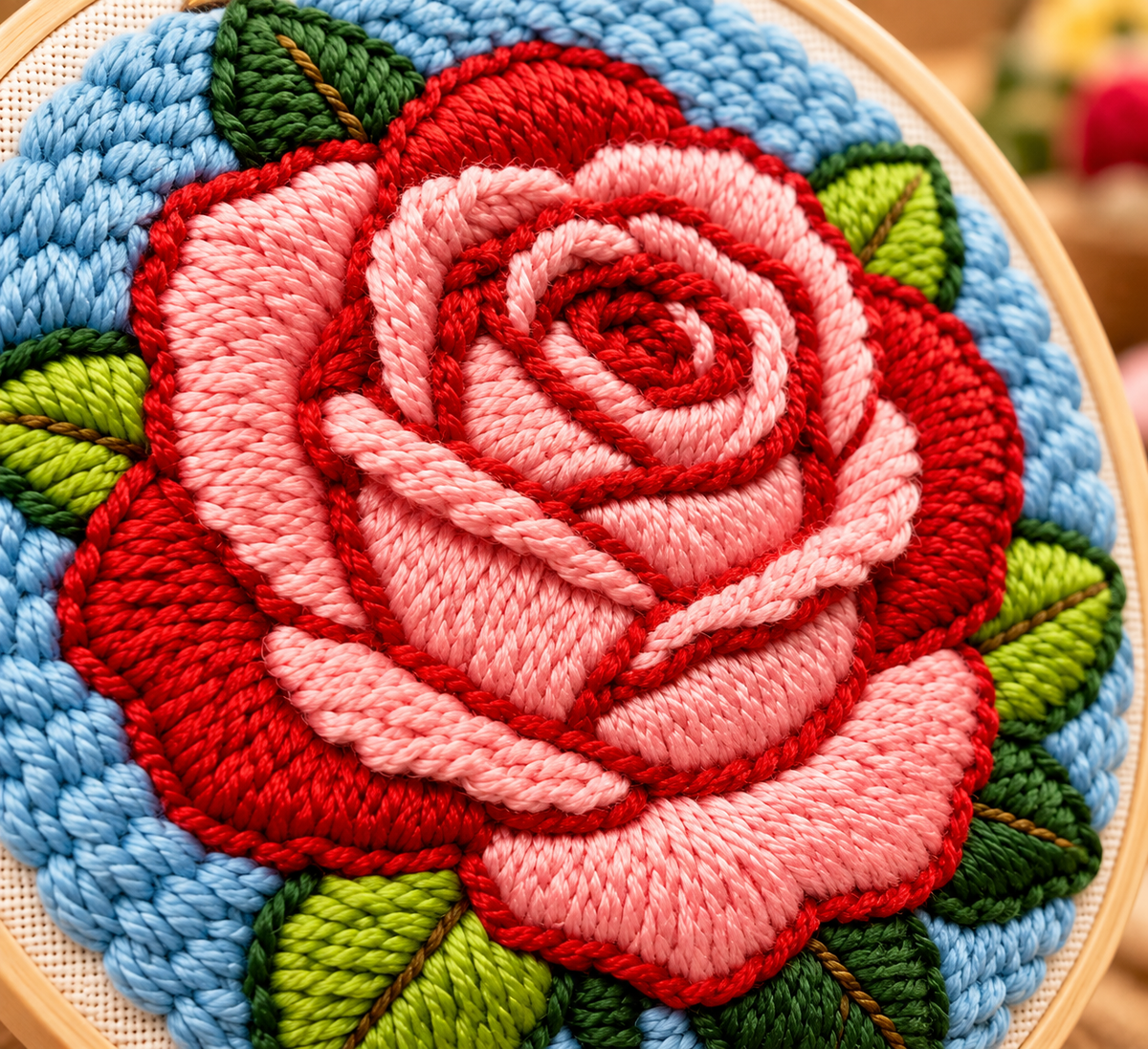 Detalje af Punch Needle Smuk Rød Rose design