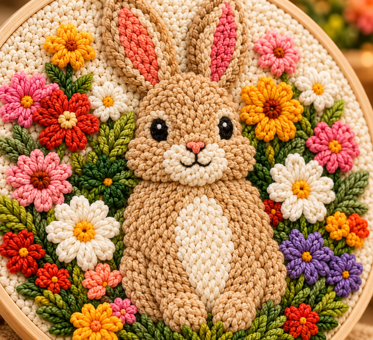 Detalje af Punch Needle Sød Kanin i Blomsterhaven design
