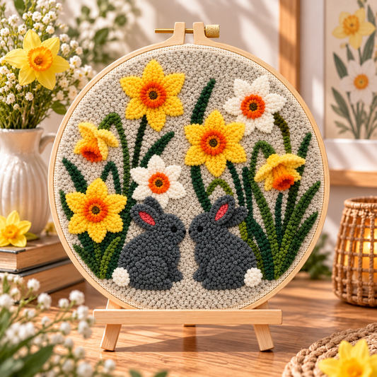 Færdigt Punch Needle motiv med To Kaniner i Blomsterhaven