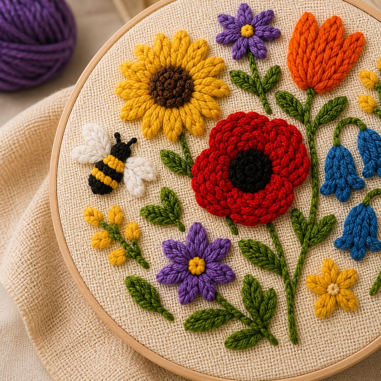 Detalje af Punch Needle Humlebi i Blomsterengen design