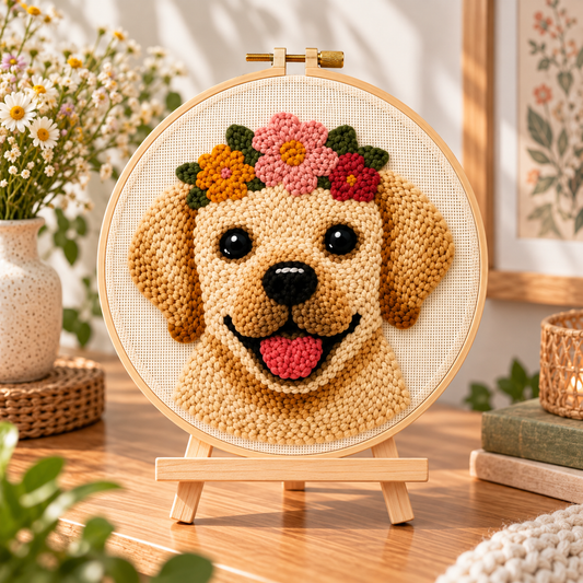 Færdigt Punch Needle motiv med Sød Hund med Blomsterkrans