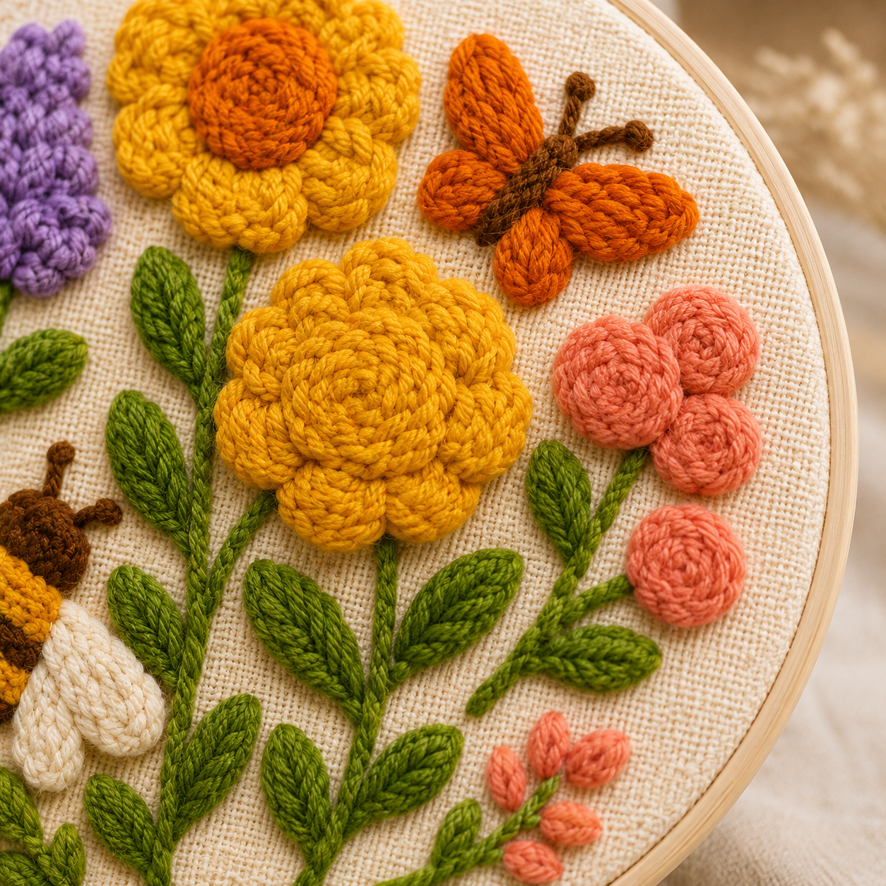 Detalje af Punch Needle Blomstrende eng design