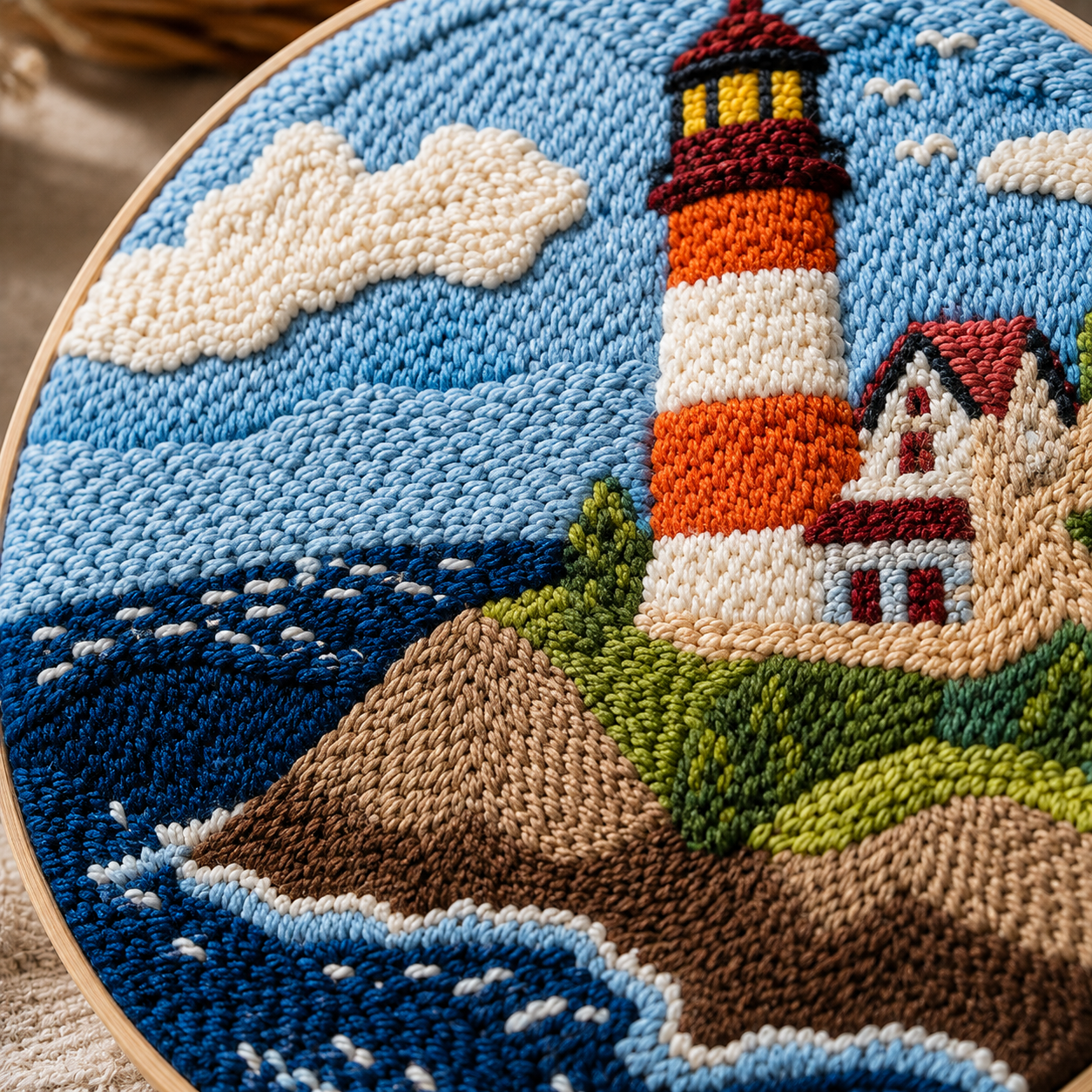Detalje af Punch Needle Fyrtårn ved Havet design
