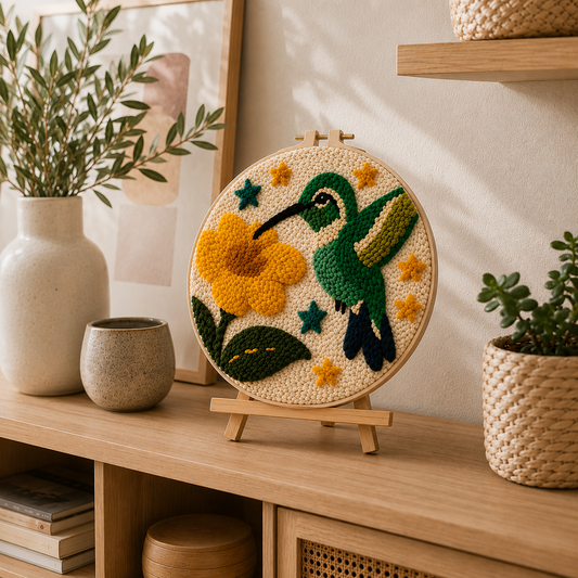Færdigt Punch Needle motiv med kolibri blomst