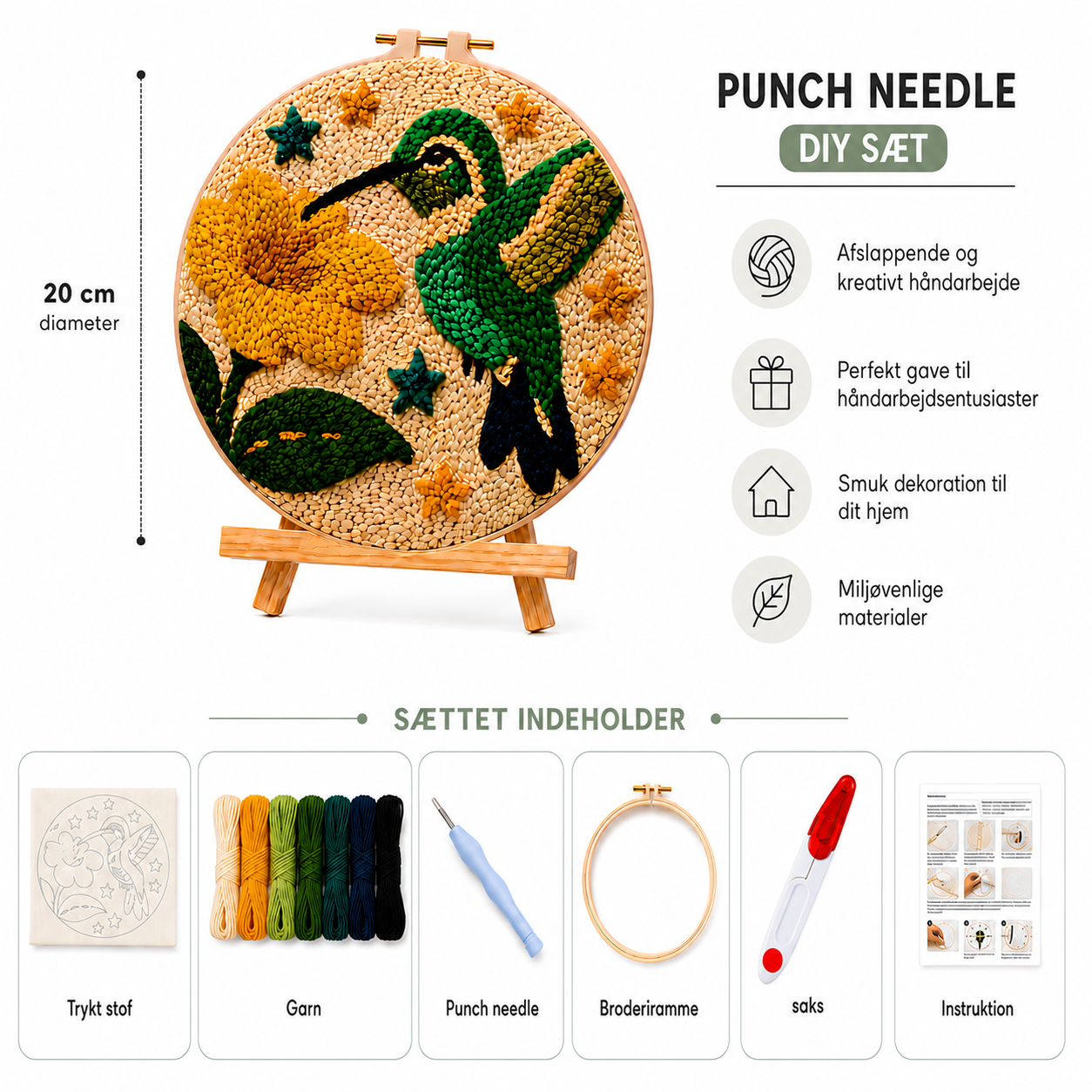 Punch Needle sæt med garn, nål og broderiramme