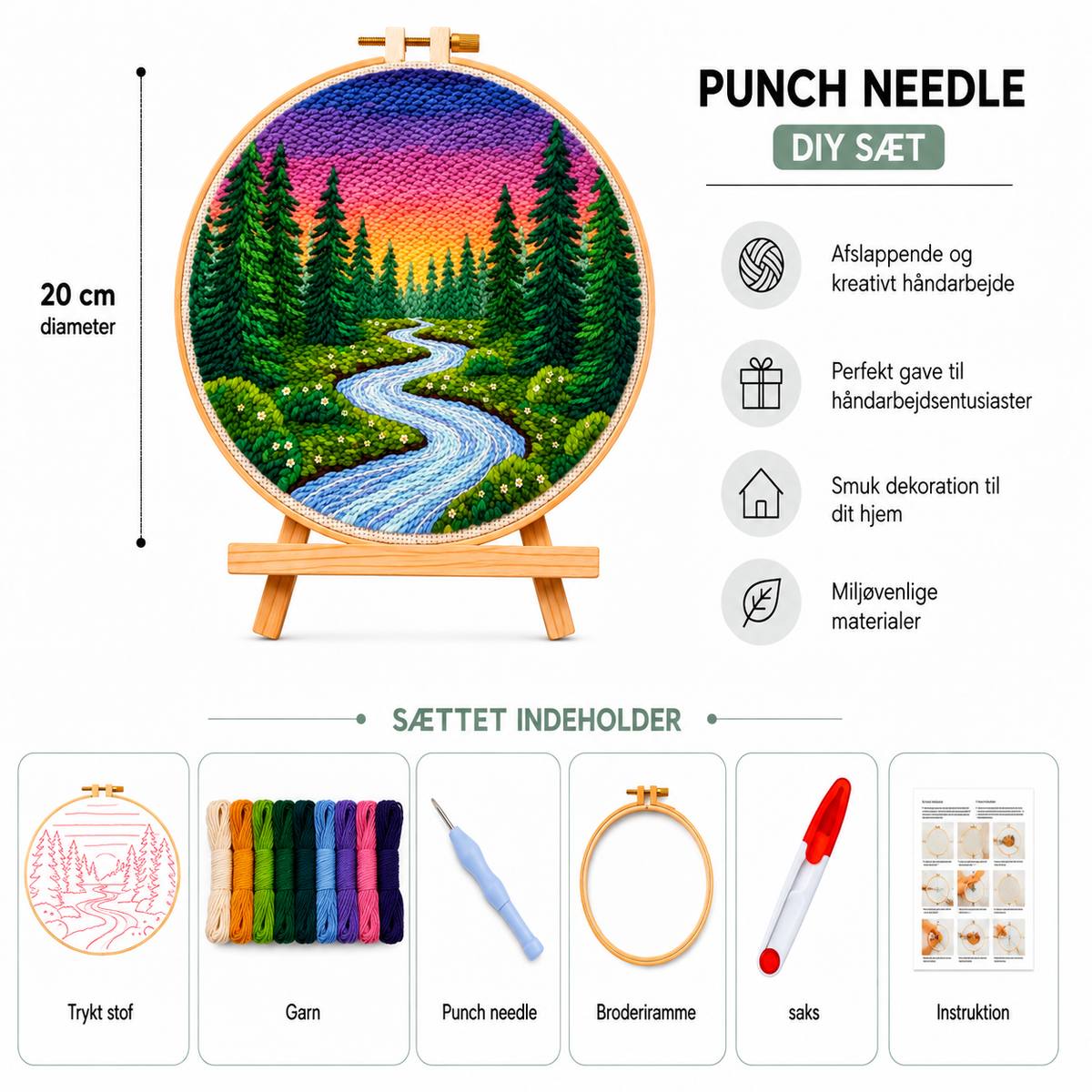 Punch Needle sæt med garn, nål og broderiramme 