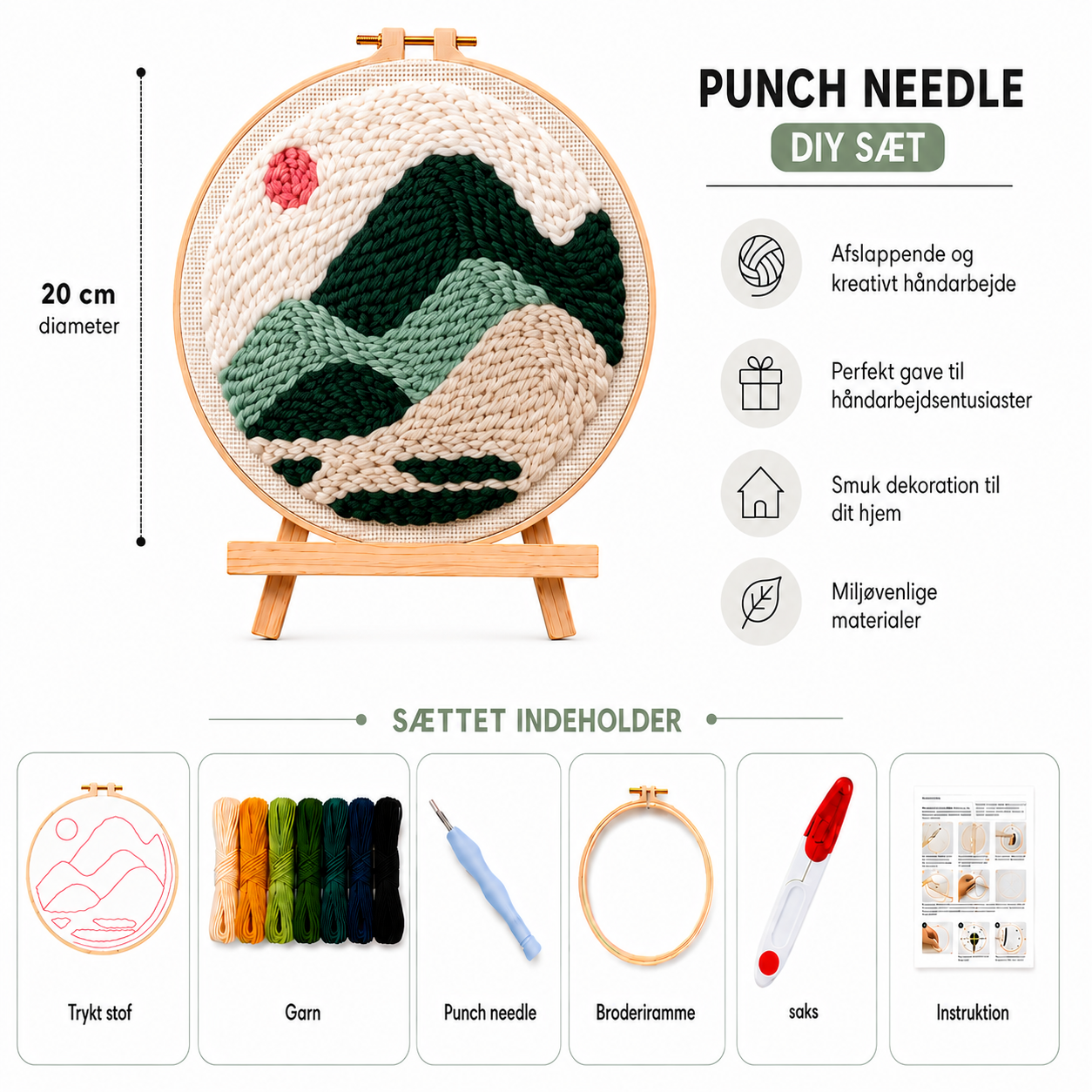 Punch Needle sæt med garn, nål og broderiramme