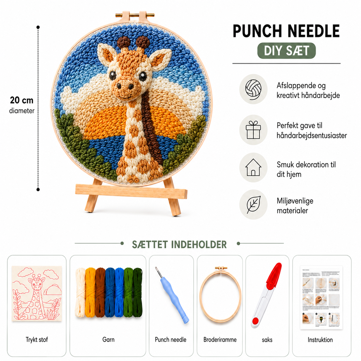 Punch Needle sæt med garn, nål og broderiramme