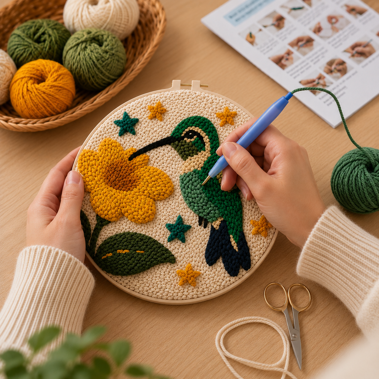Punch Needle projekt under udførelse kolibri med blomst