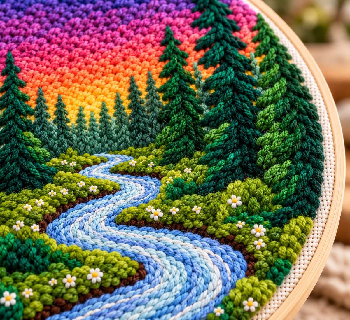 Detalje af Punch Needle Skovlandskab med Flod design 
