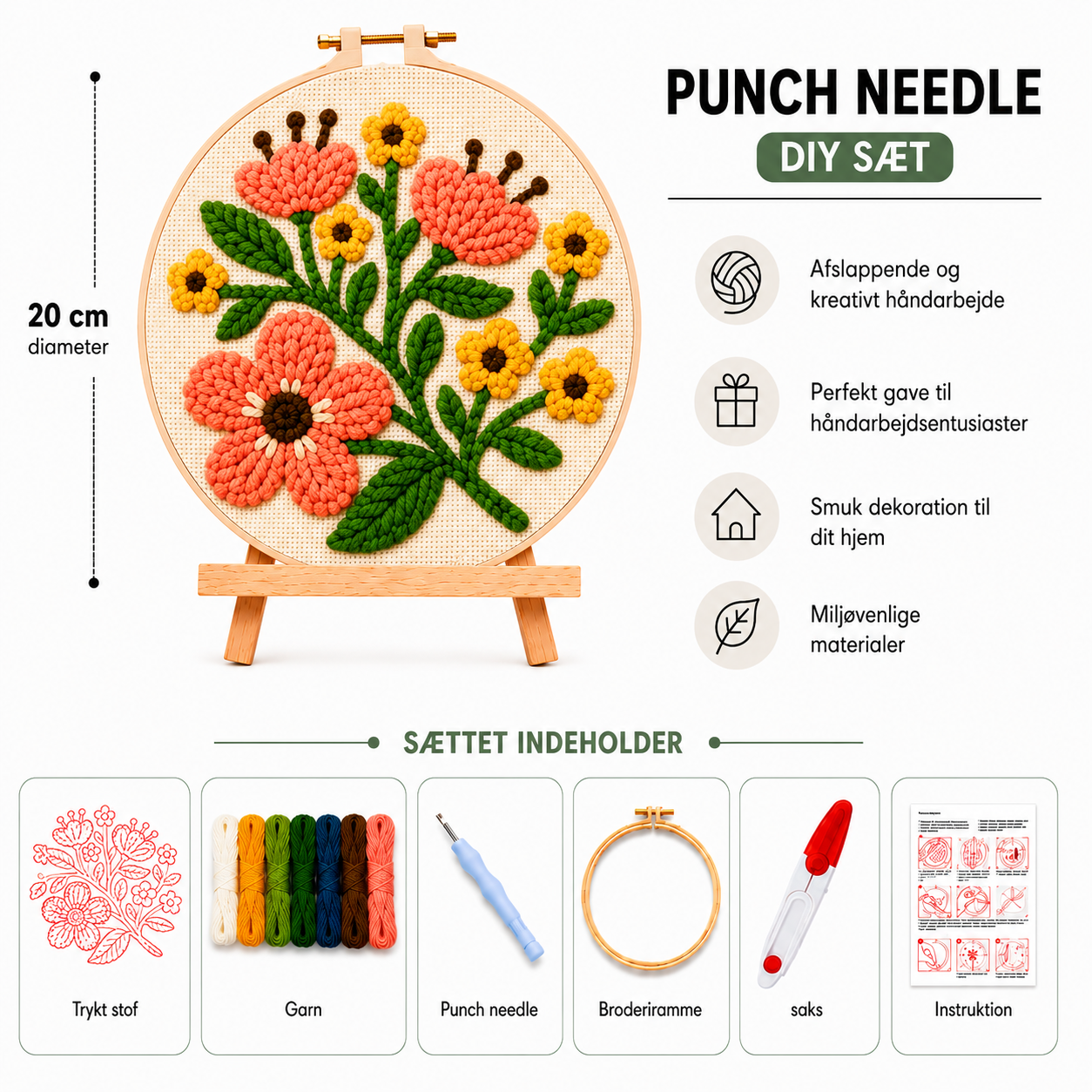 Punch Needle sæt med garn, nål og broderiramme