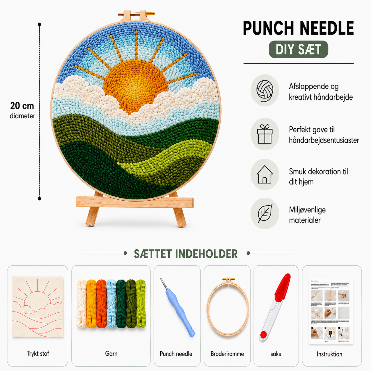 Punch Needle sæt med garn, nål og broderiramme