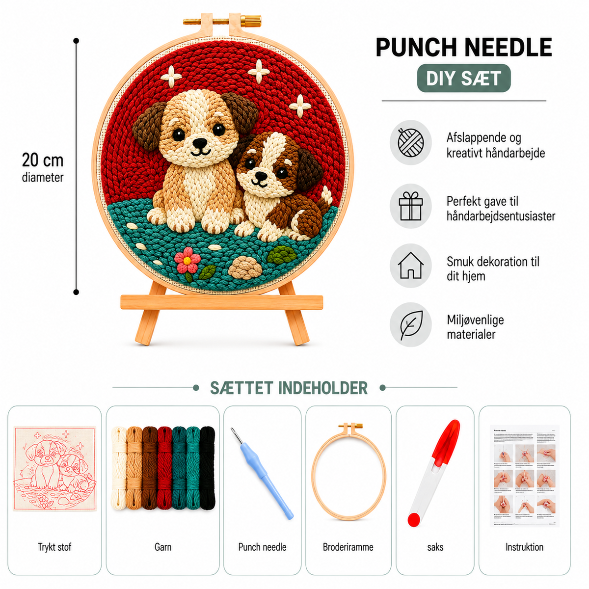 Punch Needle sæt med garn, nål og broderiramme 