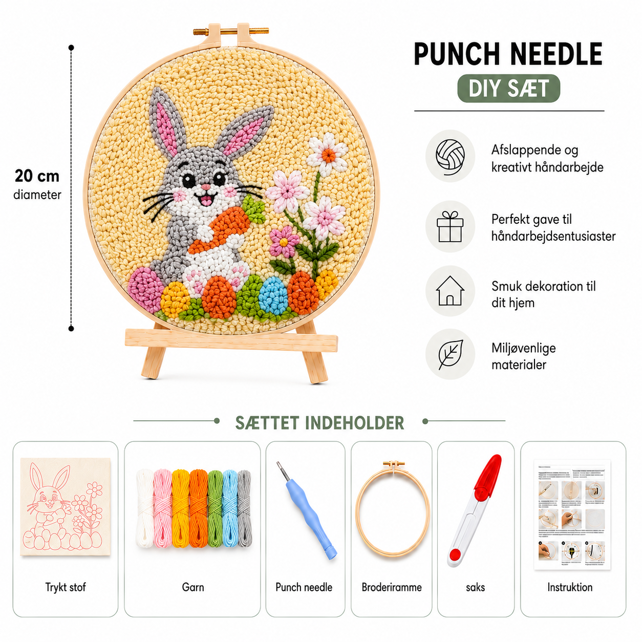 Punch Needle sæt med garn, nål og broderiramme