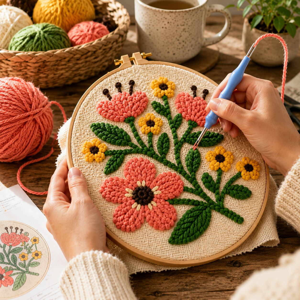 Punch Needle projekt under udførelse Blomsterharmoni