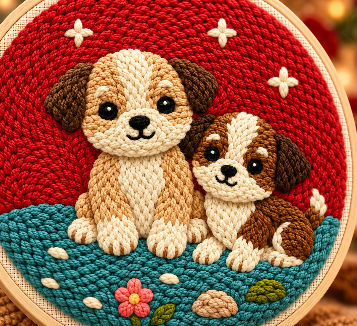 Detalje af Punch Needle To Søde Hunde design 