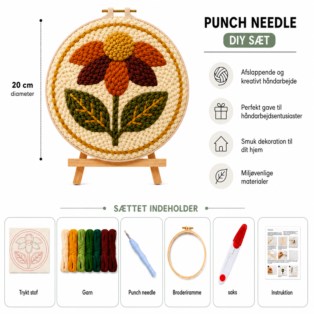 Punch Needle sæt med garn, nål og broderiramme