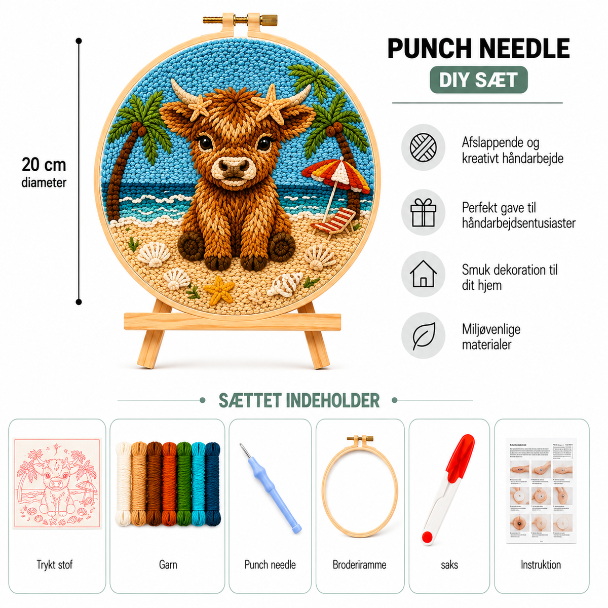 Punch Needle sæt med garn, nål og broderiramme 