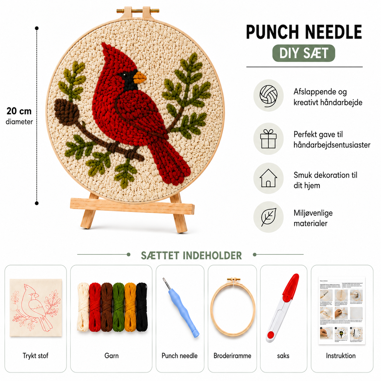 Punch Needle sæt med garn, nål og broderiramme