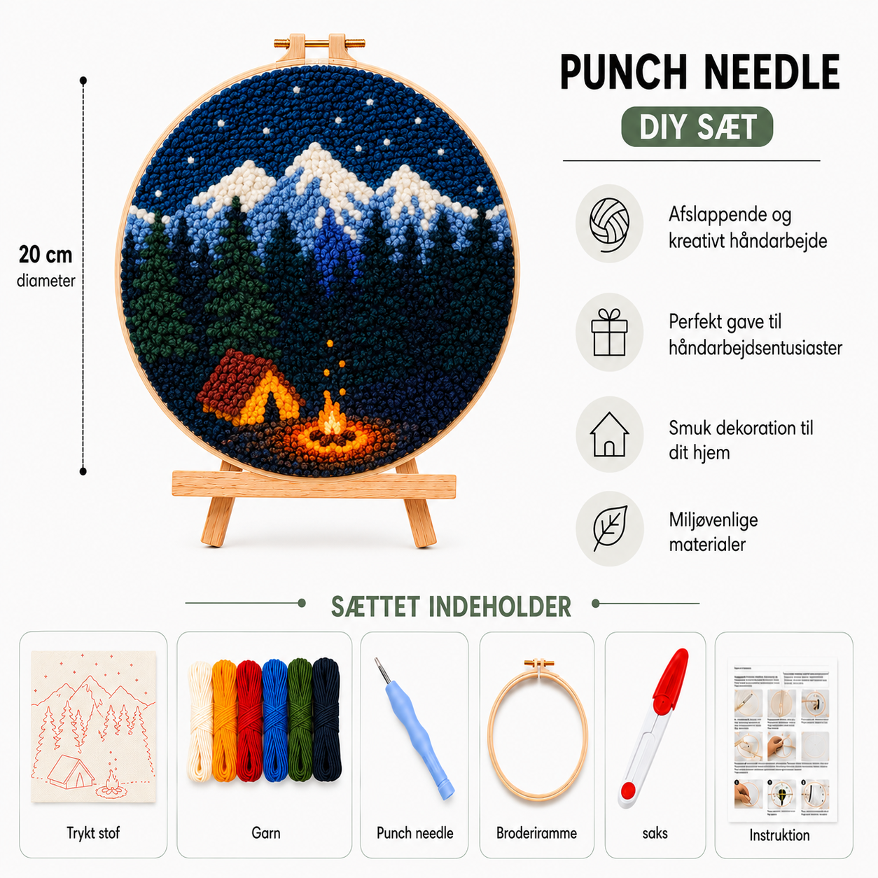 Punch Needle sæt med garn, nål og broderiramme