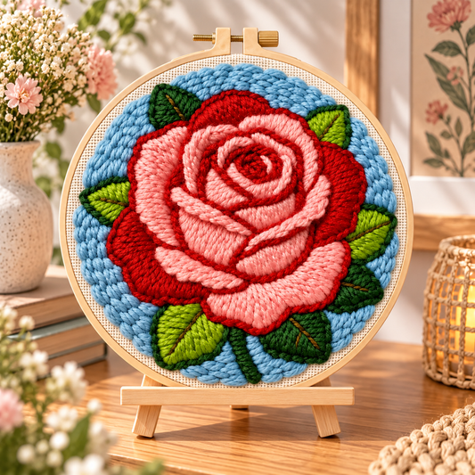 Færdigt Punch Needle motiv med Smuk Rød Rose 