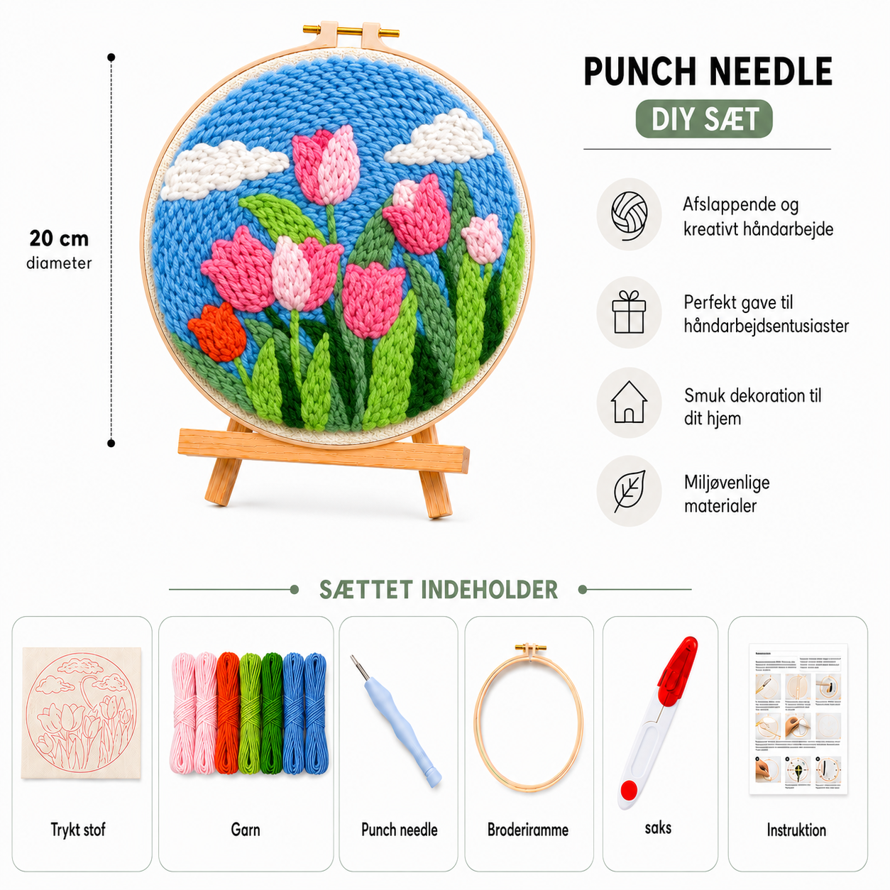 Punch Needle sæt med garn, nål og broderiramme