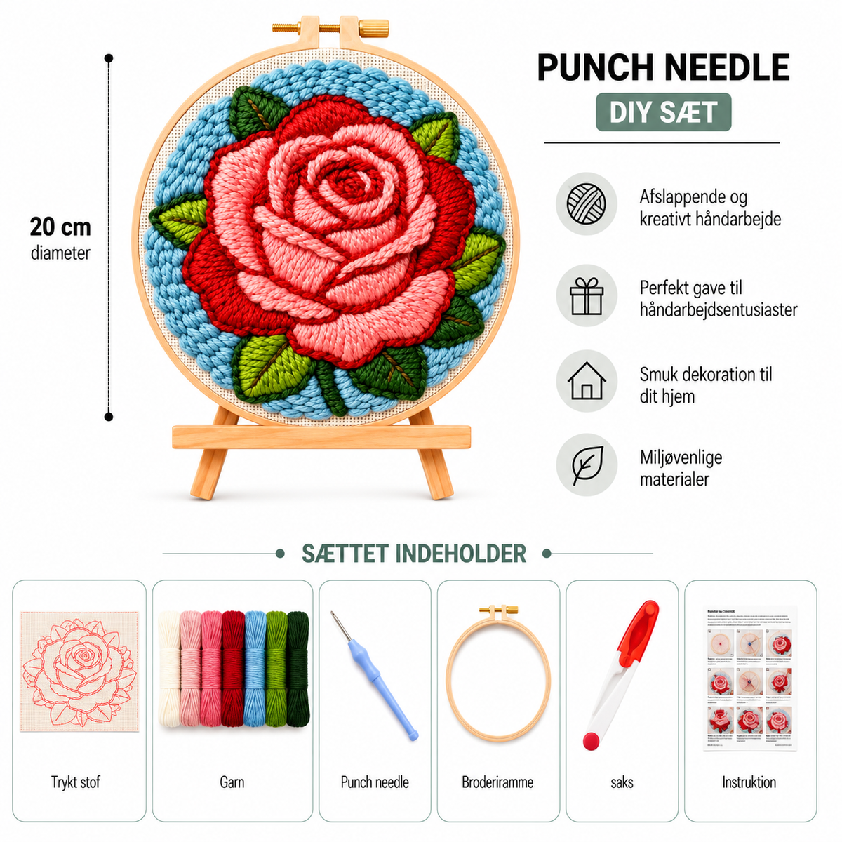 Punch Needle sæt med garn, nål og broderiramme 