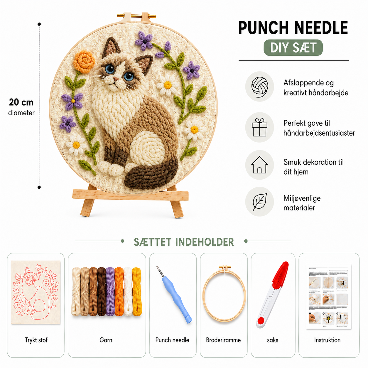 Punch Needle sæt med garn, nål og broderiramme
