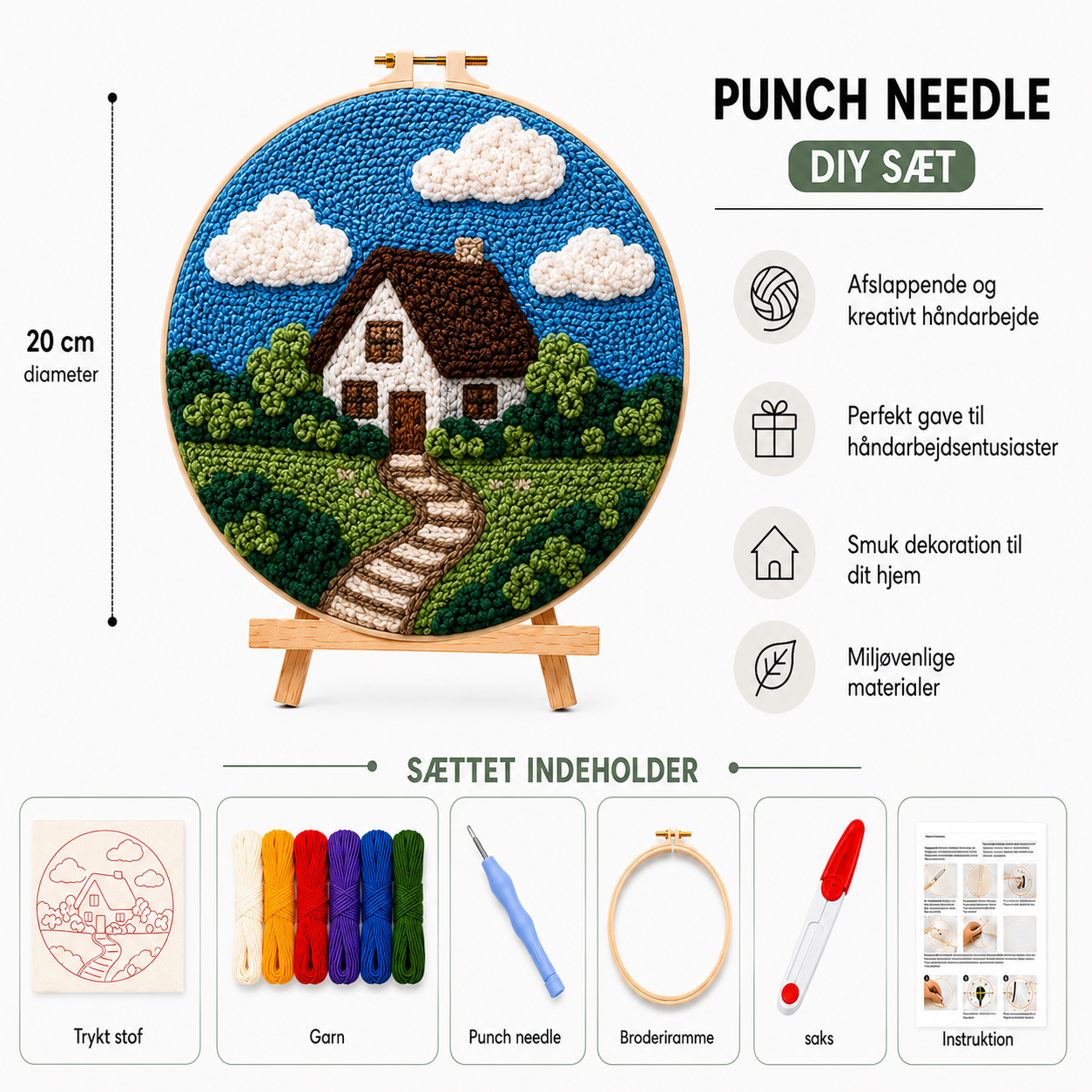Punch Needle sæt med garn, nål og broderiramme