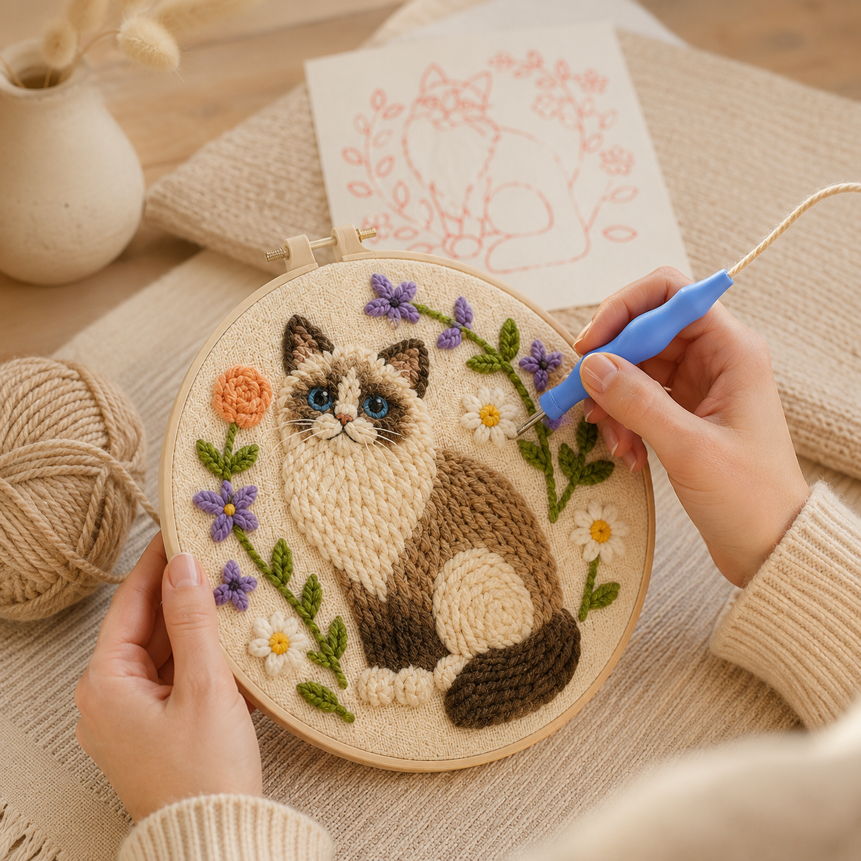 Punch Needle projekt under udførelse Blomsterkat