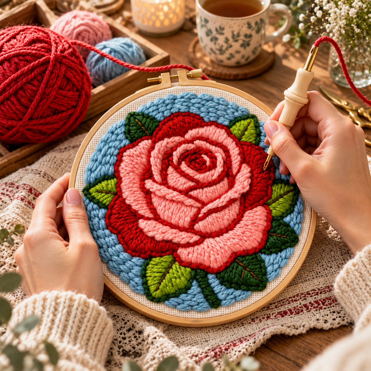 Punch Needle projekt under udførelse Smuk Rød Rose 