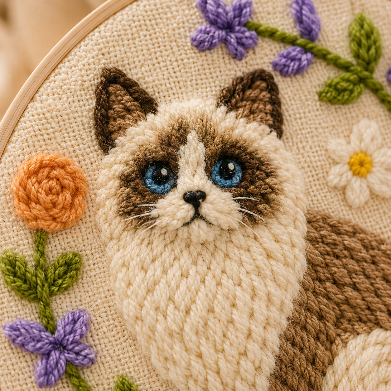 Detalje af Punch Needle Blomsterkat design