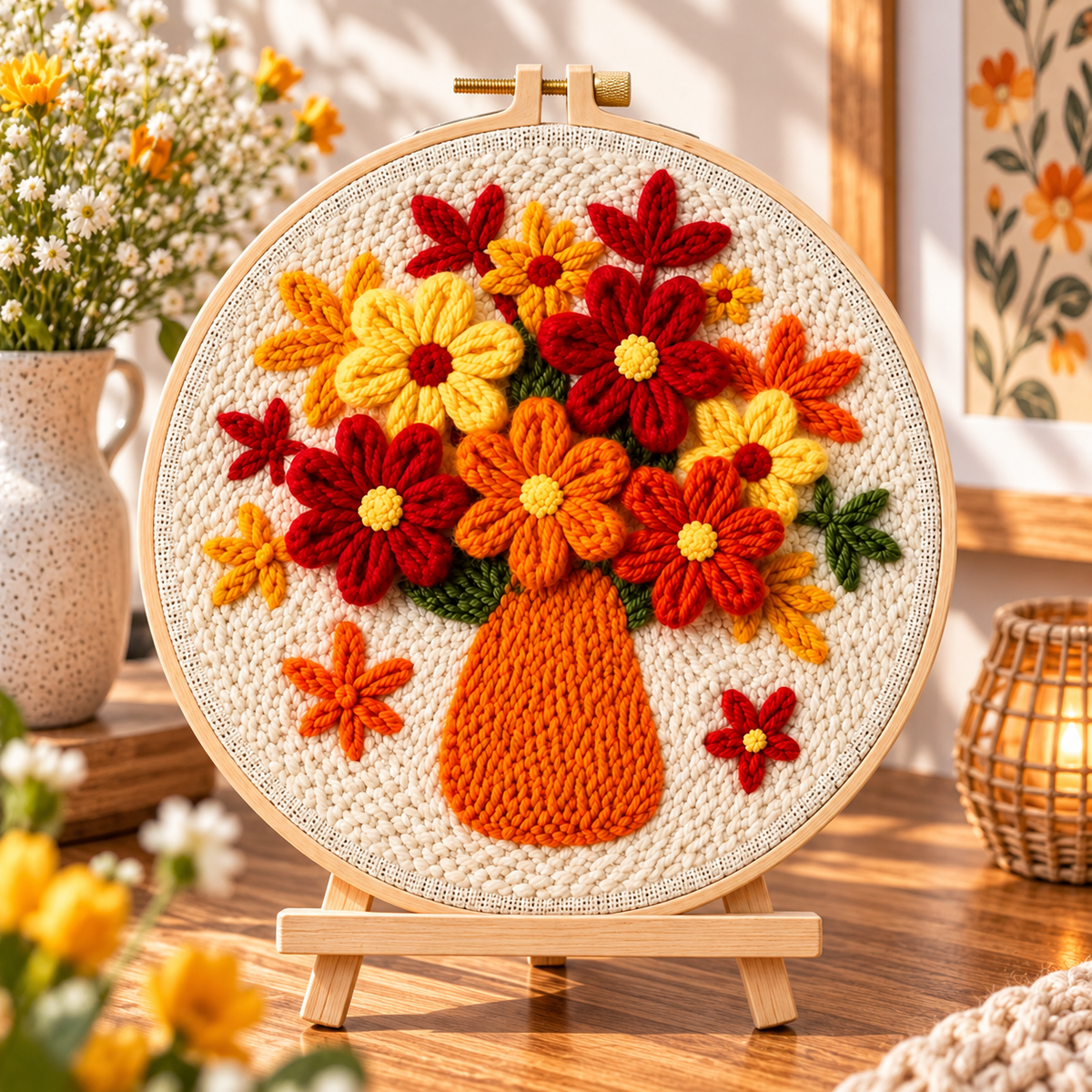 Færdigt Punch Needle motiv med Blomsterbuket i Vase 