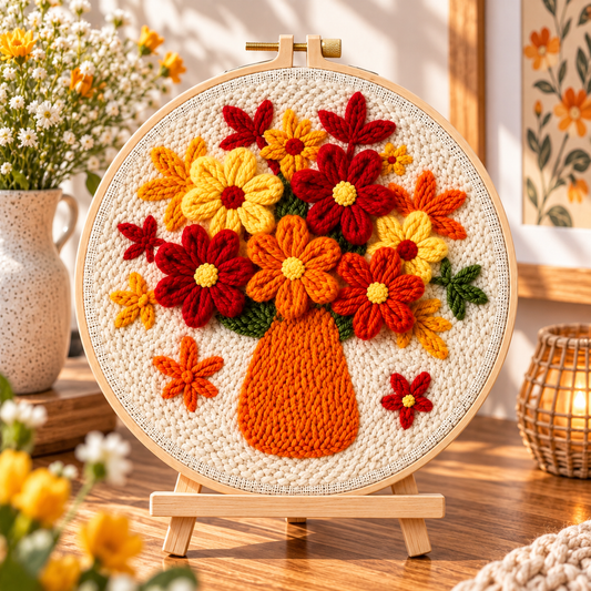 Færdigt Punch Needle motiv med Blomsterbuket i Vase 
