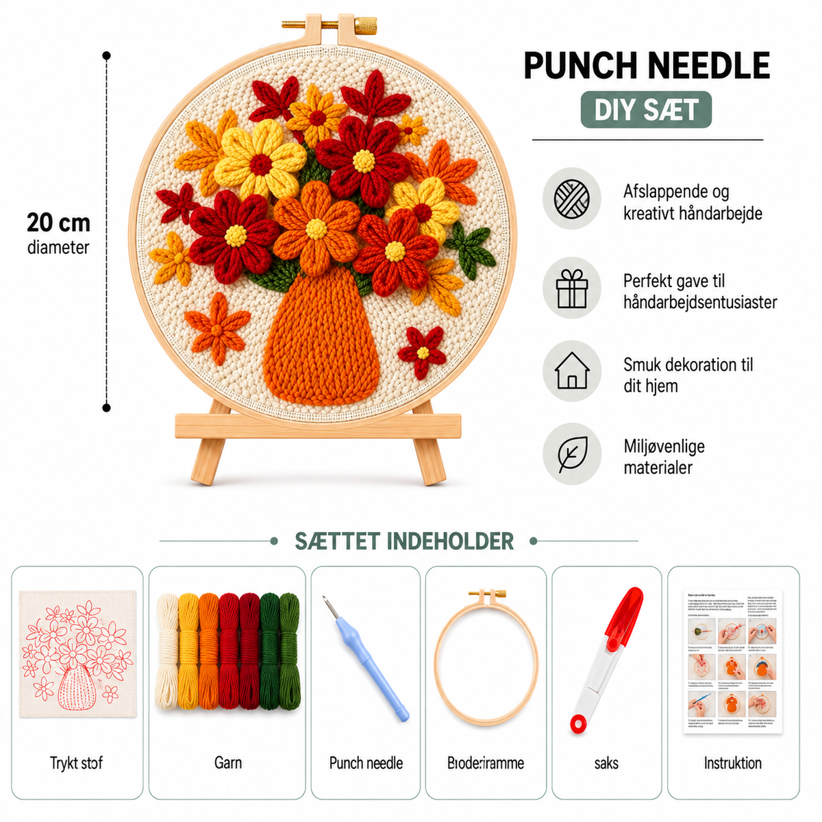 Punch Needle sæt med garn, nål og broderiramme 