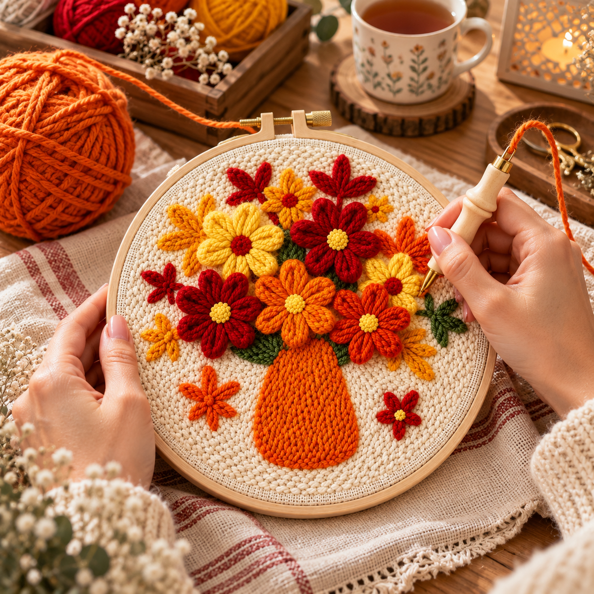 Punch Needle projekt under udførelse Blomsterbuket i Vase 