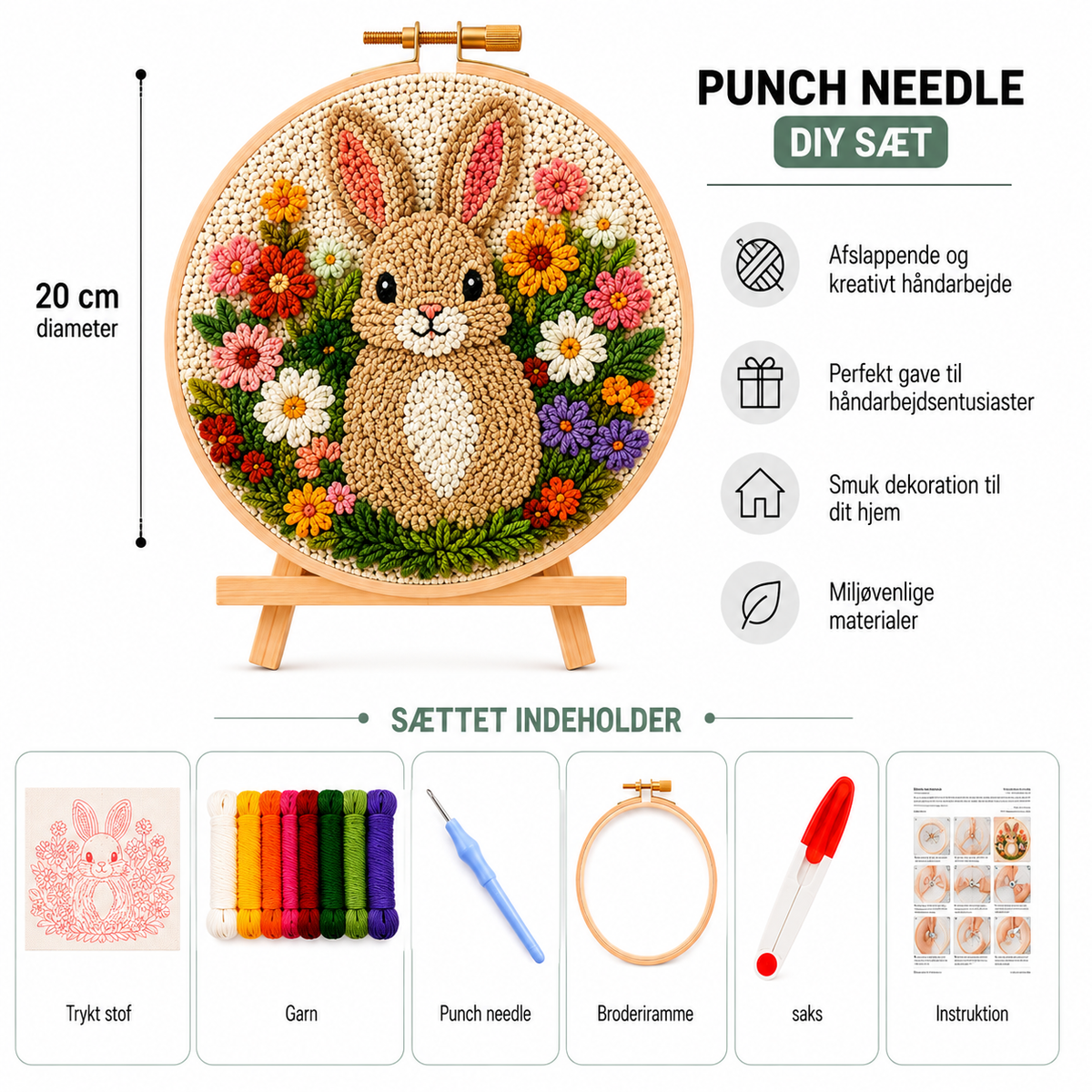 Punch Needle sæt med garn, nål og broderiramme 