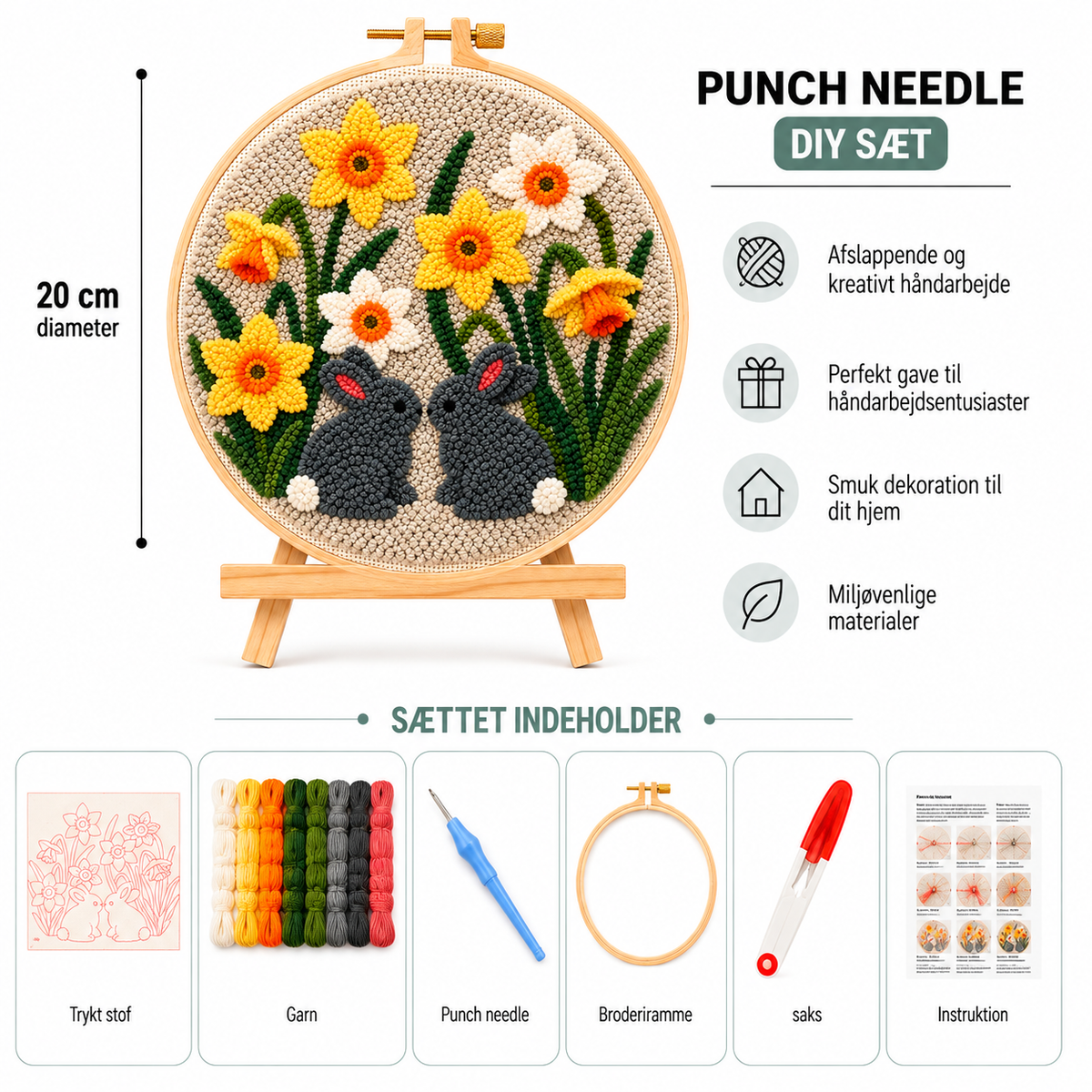 Punch Needle sæt med garn, nål og broderiramme 