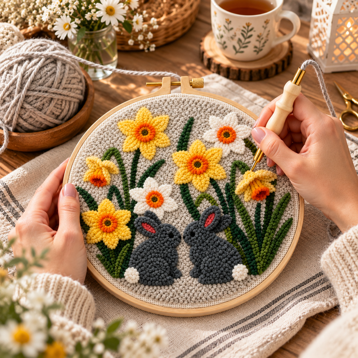 Punch Needle projekt under udførelse To Kaniner i Blomsterhaven 