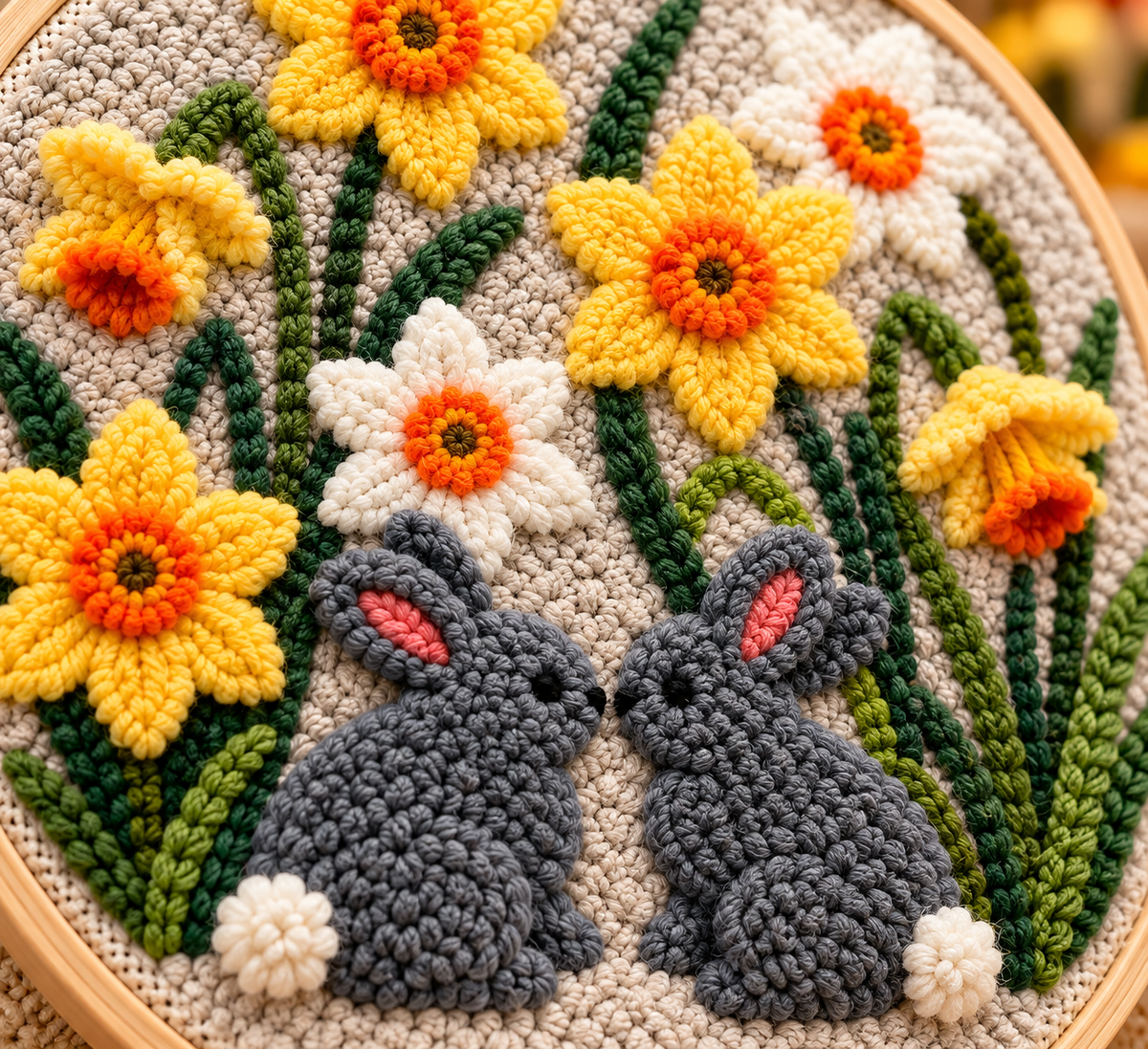 Detalje af Punch Needle To Kaniner i Blomsterhaven design 