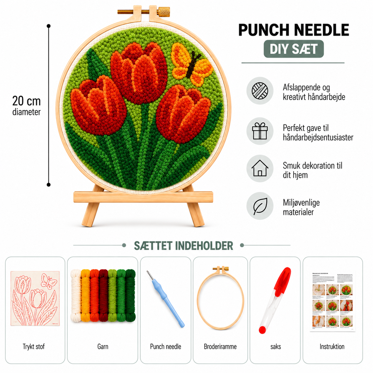 Punch Needle sæt med garn, nål og broderiramme 