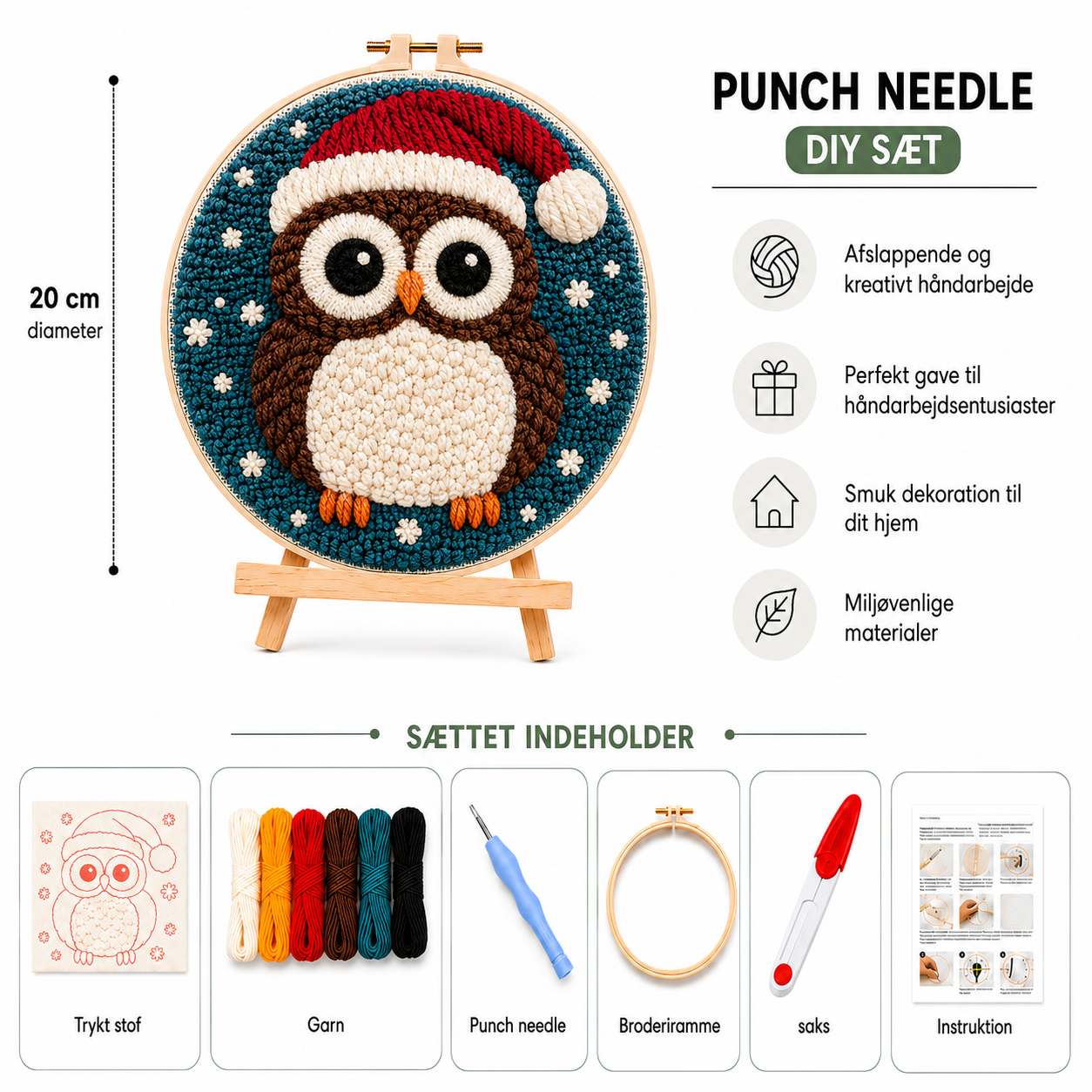 Punch Needle sæt med garn, nål og broderiramme