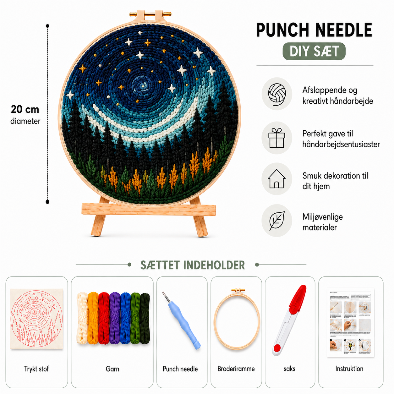 Punch Needle sæt med garn, nål og broderiramme