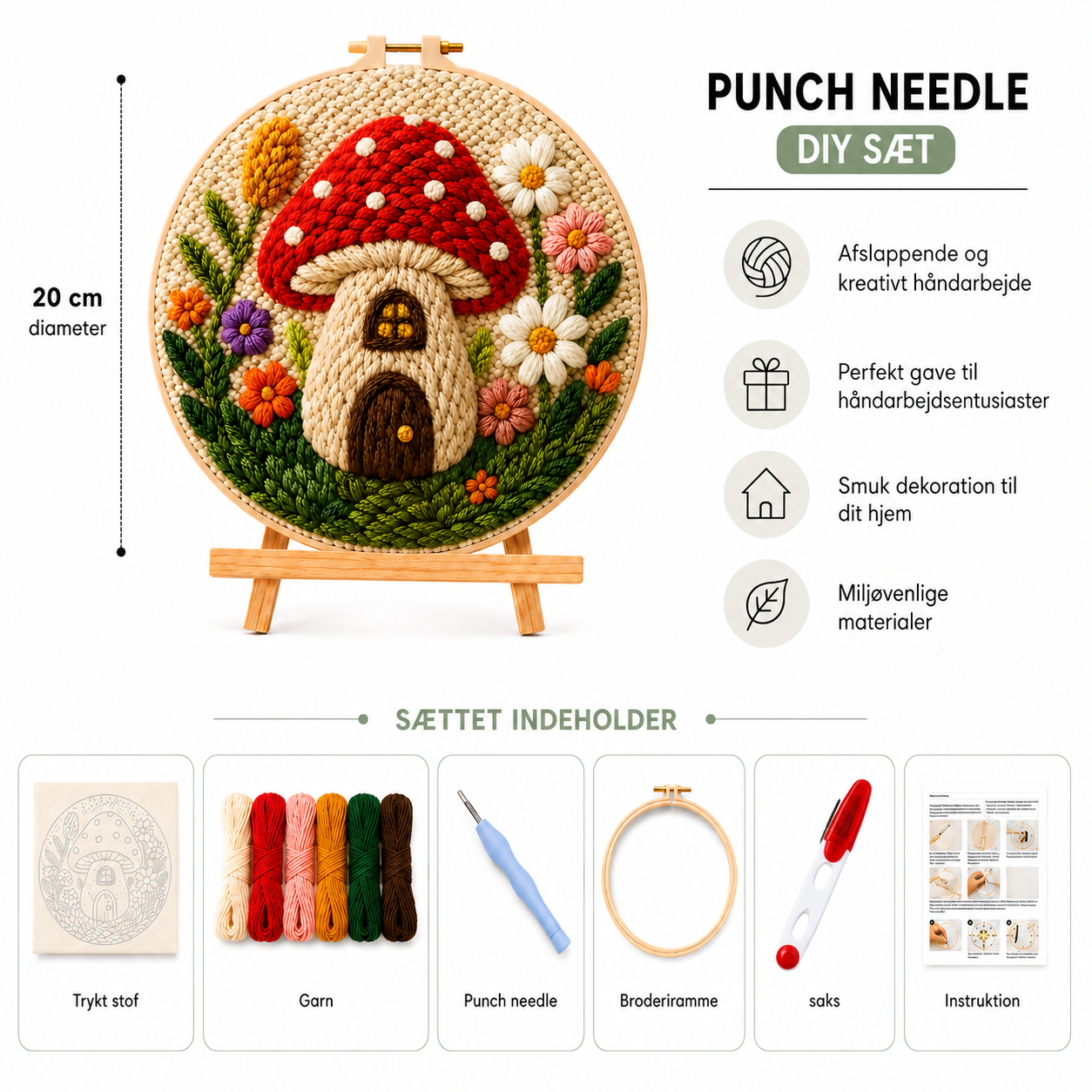 Punch Needle sæt med garn, nål og broderiramme svampehus