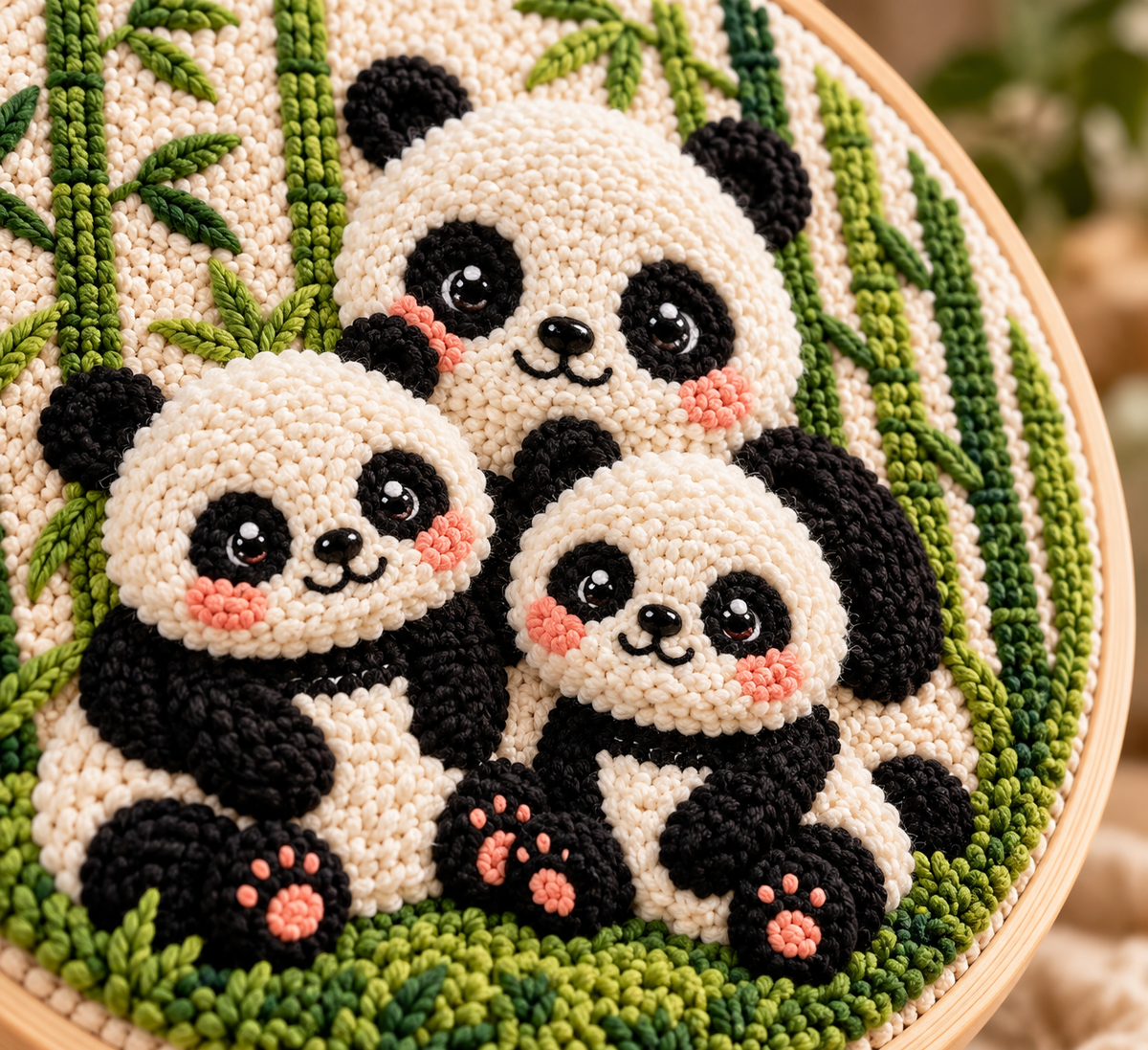 Detalje af Punch Needle Pandaer i Bambusskoven design 