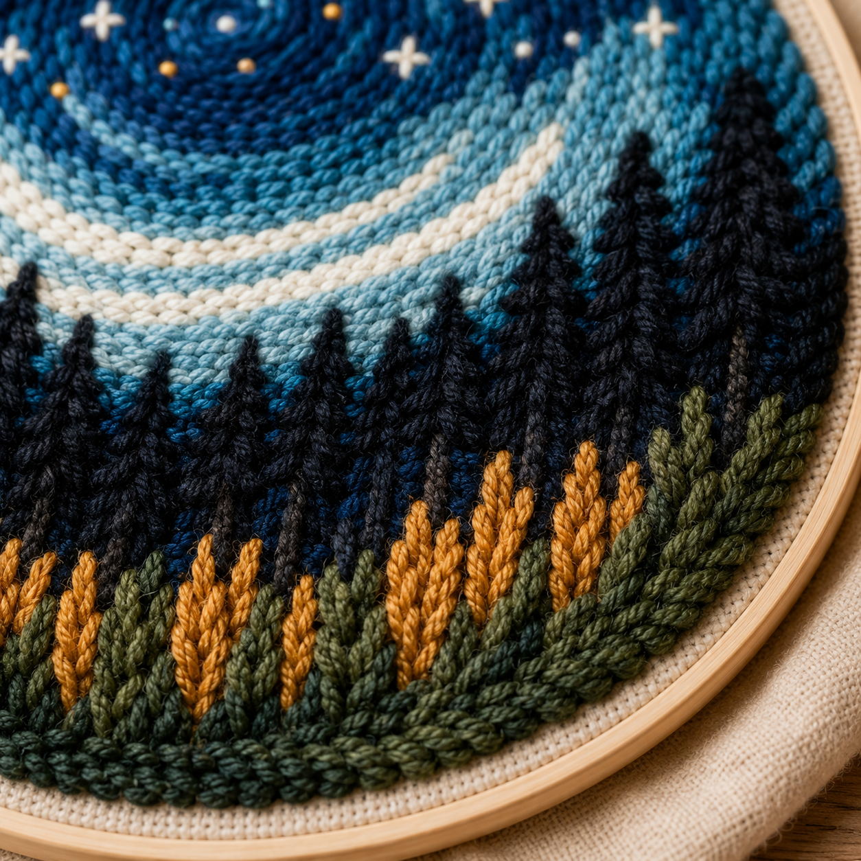 Detalje af Punch Needle Stjernehimmel over Skoven design