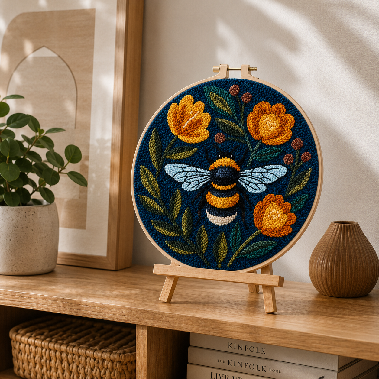 Færdigt Punch Needle motiv med Humlebi med Blomster