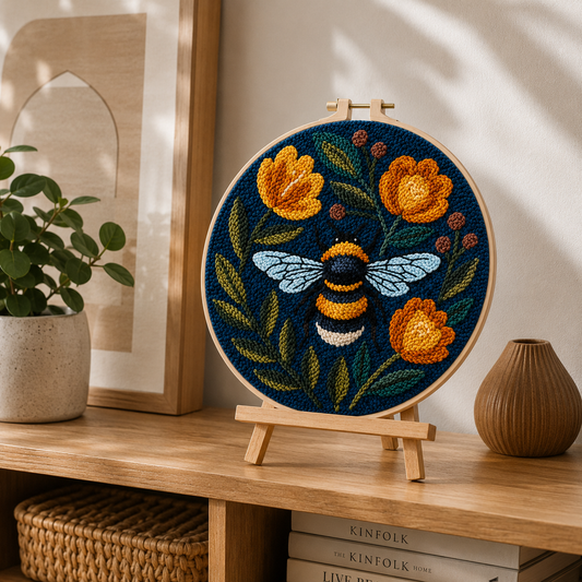 Færdigt Punch Needle motiv med Humlebi med Blomster