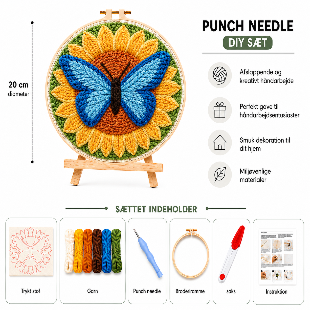 Punch Needle sæt med garn, nål og broderiramme